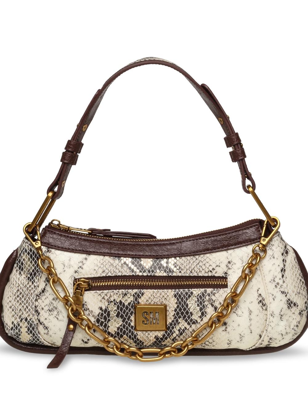Steve Madden Brown and Cream Python-Print Shoulder Bag with Gold Chain